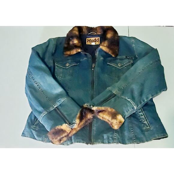 Vintage Mudd Lined Denim Jacket Faux Fur accent Size XL Y2K Penny Lane Glam Boho - Picture 4 of 8